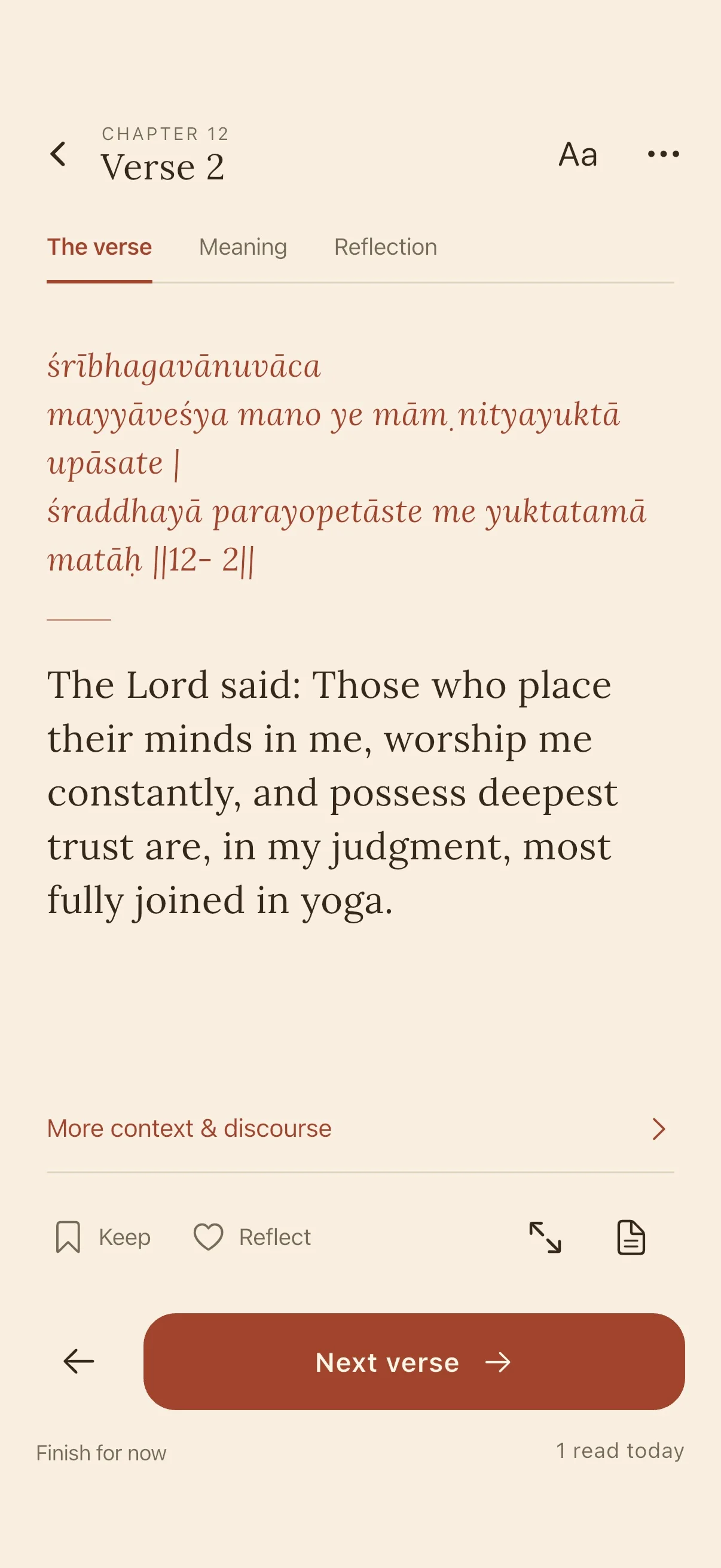 The Gita Yuga app showing Chapter 12, Verse 2 with Sanskrit, English translation, reading tabs and the Next verse button.