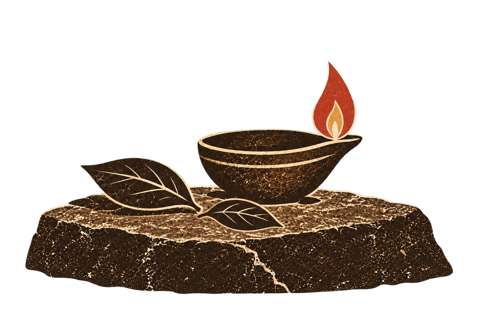 An illustrated oil lamp glowing beside leaves.